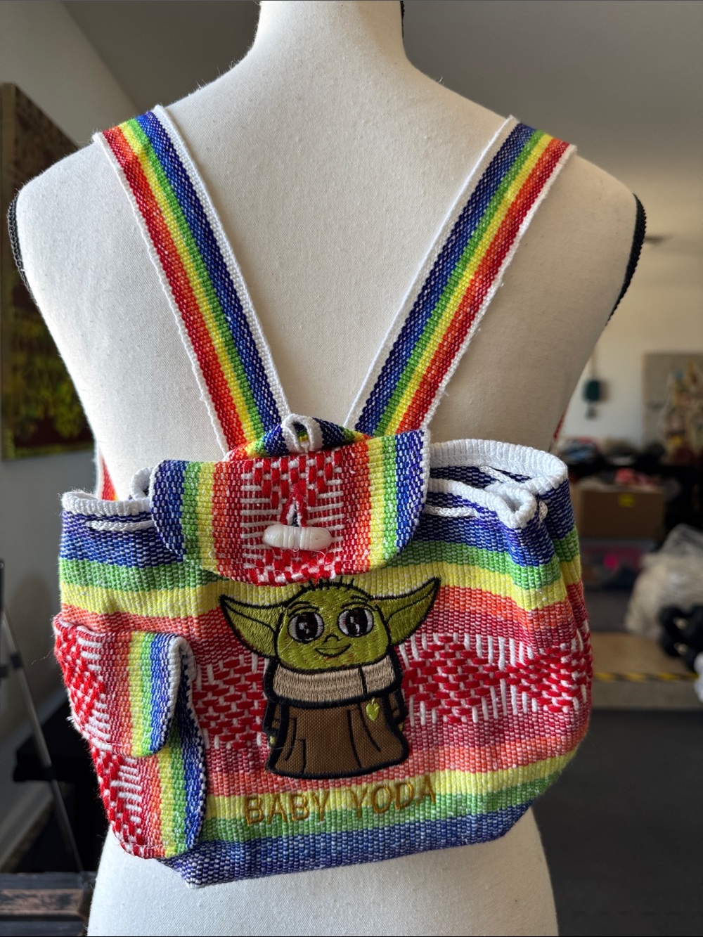 New Baby Yoda Rainbow Woven Festival Mini Backpack